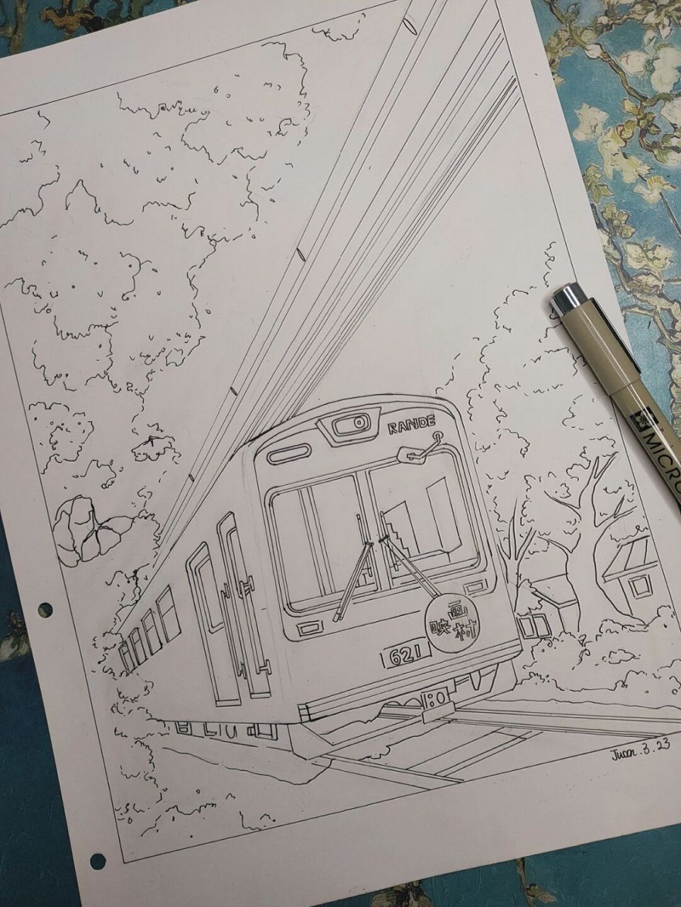 马克笔风景画(映画村火车)线稿 #马克笔画# #风景画# #马克笔风景画