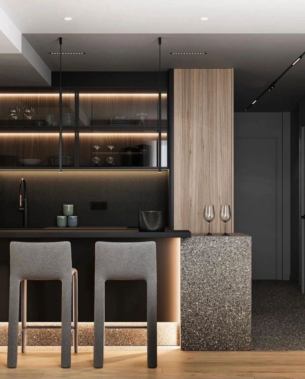 现代简约之水吧台设计 光影,水磨石,饰面,金属,有调性的水吧