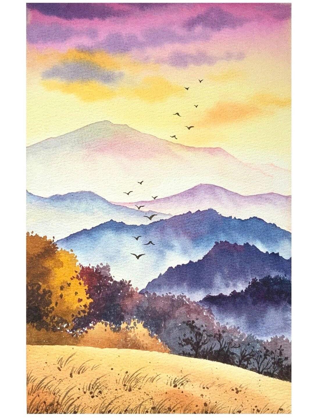 梦幻水彩 天空远山