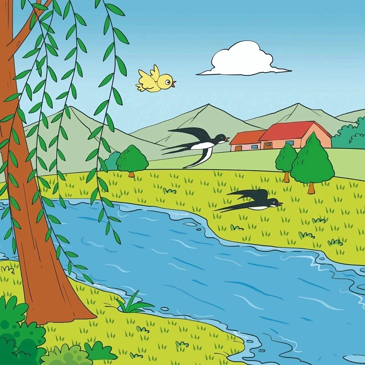 柳树发芽了,柳枝随着春风柔柔地摆动.遥望远处,高山都被染成了绿色.