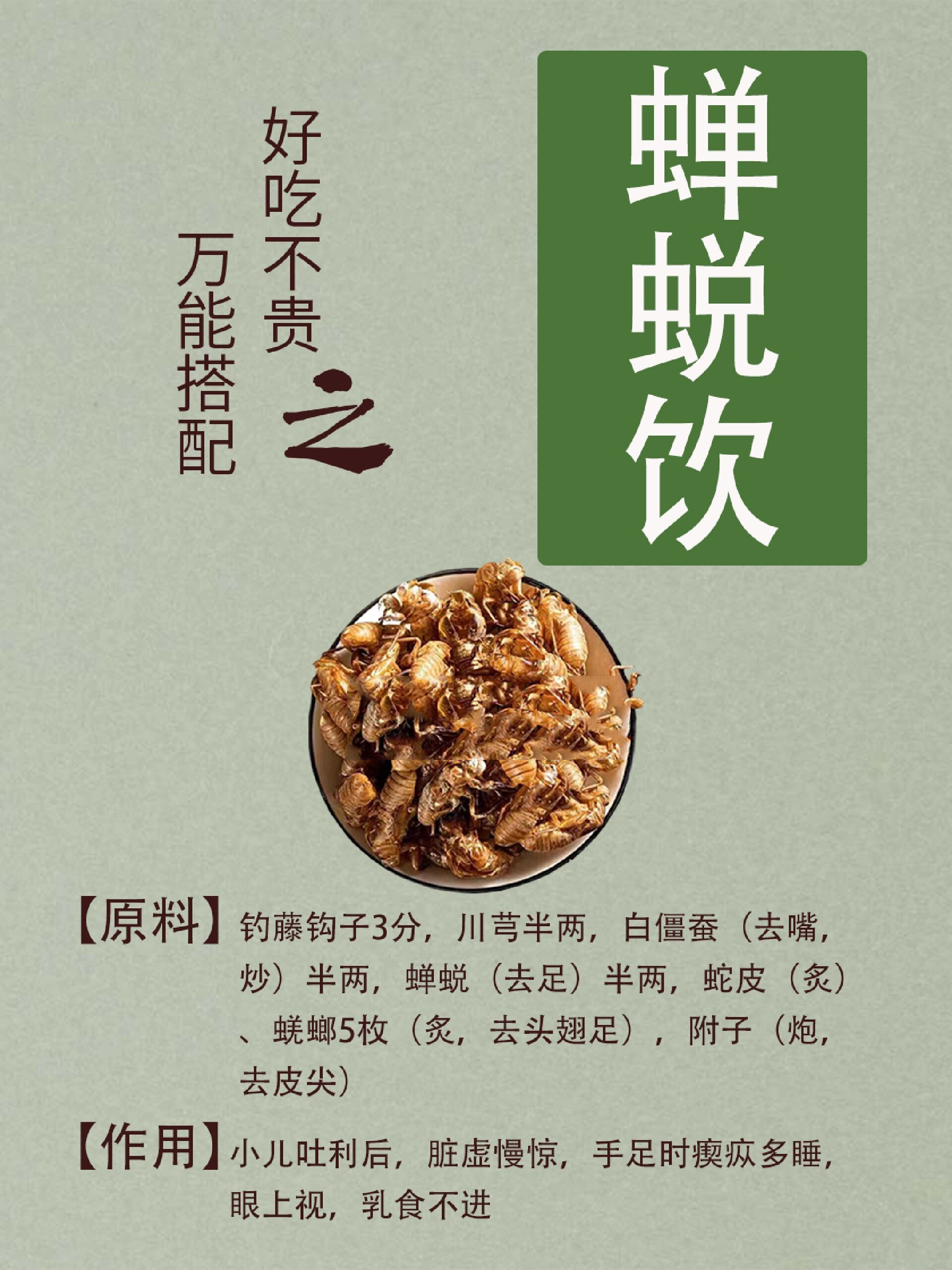 处方 钓藤钩子3分,川芎半两,白僵蚕(去嘴,炒)半两,蝉蜕(去足)半两