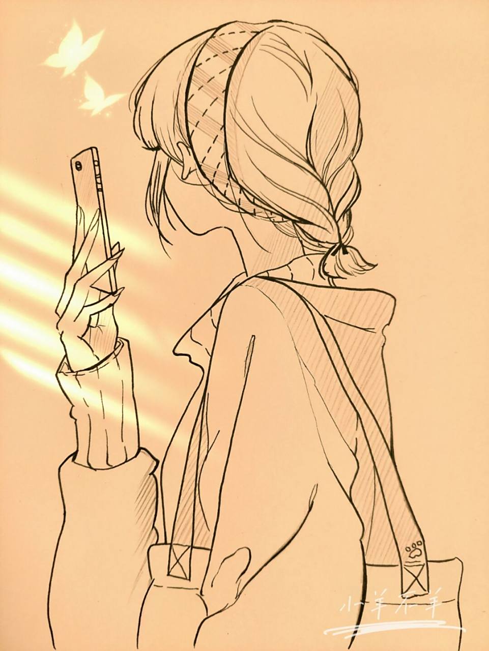 美女黑白简笔画#绘画教程34(附过程) 少女背影黑白简笔画74绘画过程