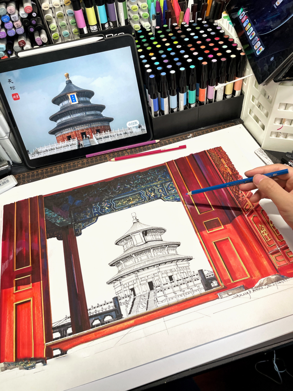 打卡京城天坛78马克笔手绘皇家古建 全网最特别的天坛手绘视角