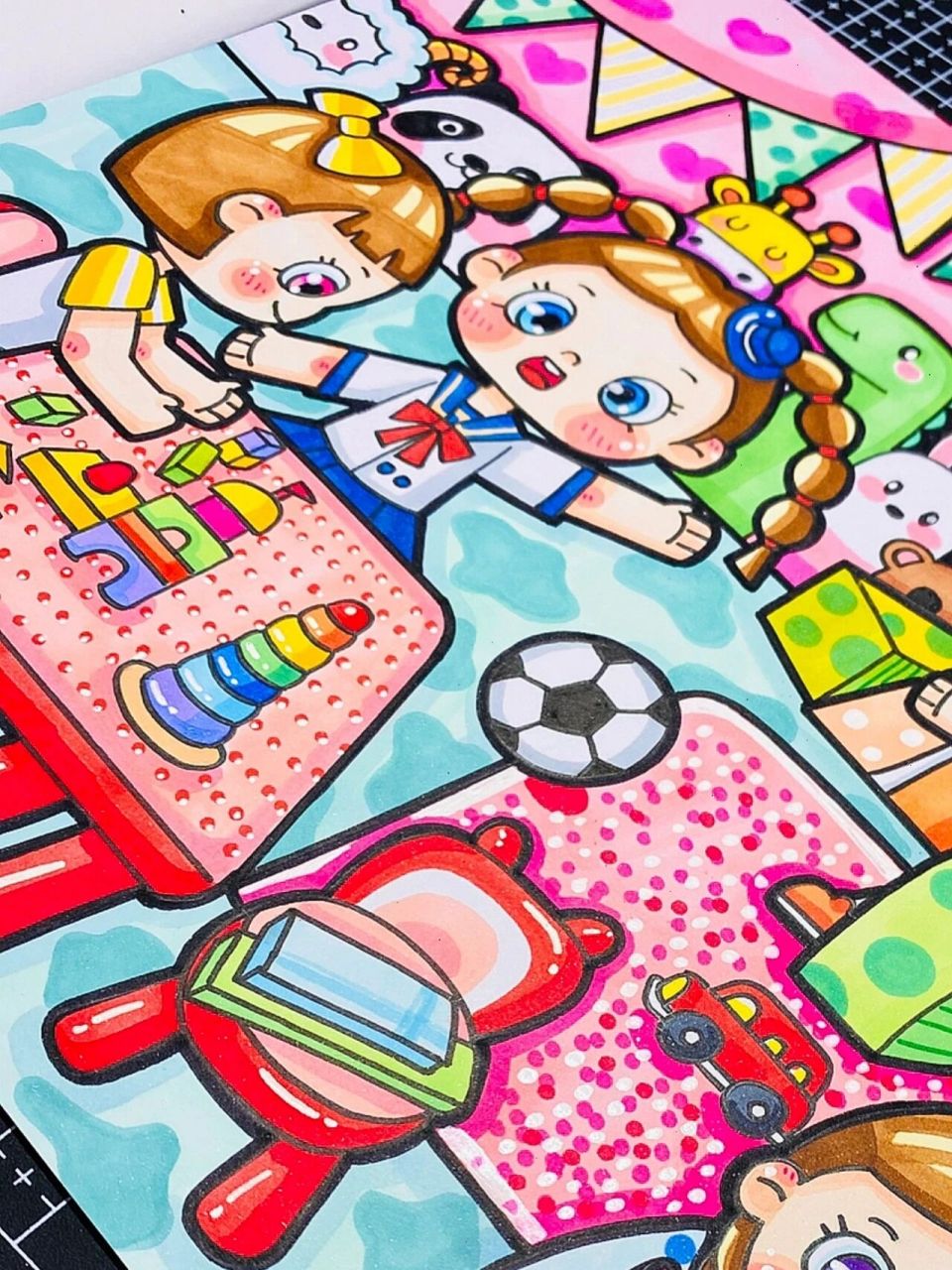 原创幼教考编主题画 校园主题《玩积木》 深夜更新一张,《我爱幼儿园