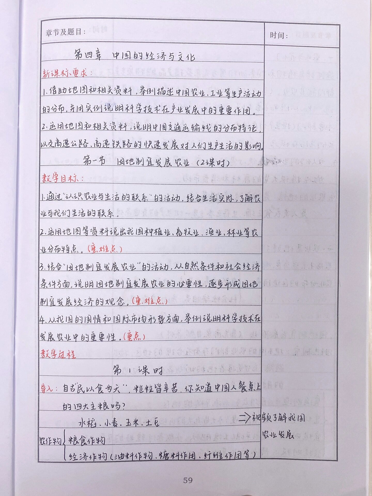 手写教案格式模板范文