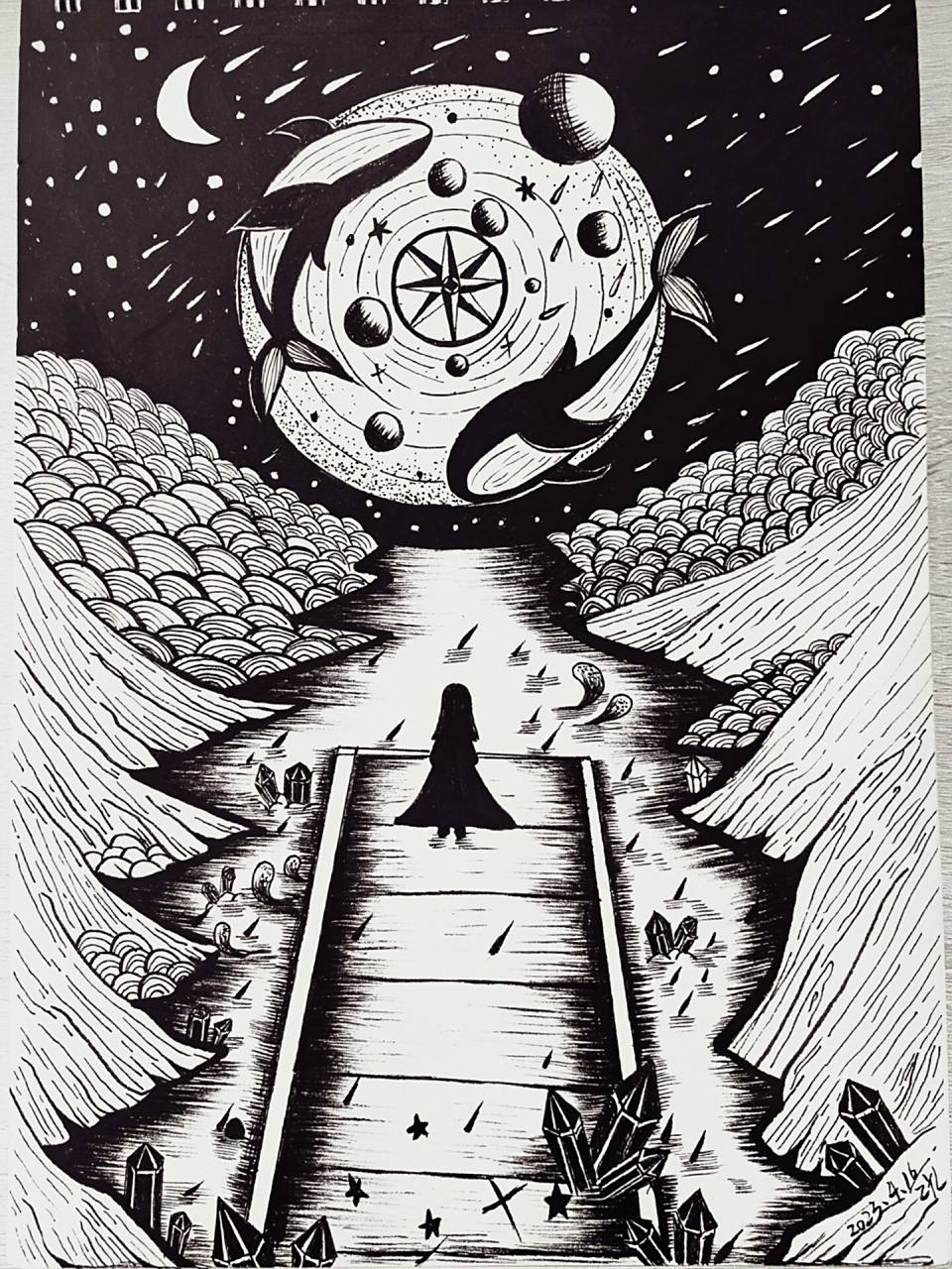 黑白画《星空》   有好几天没有画画啦,突然画手会抖0909画着画画