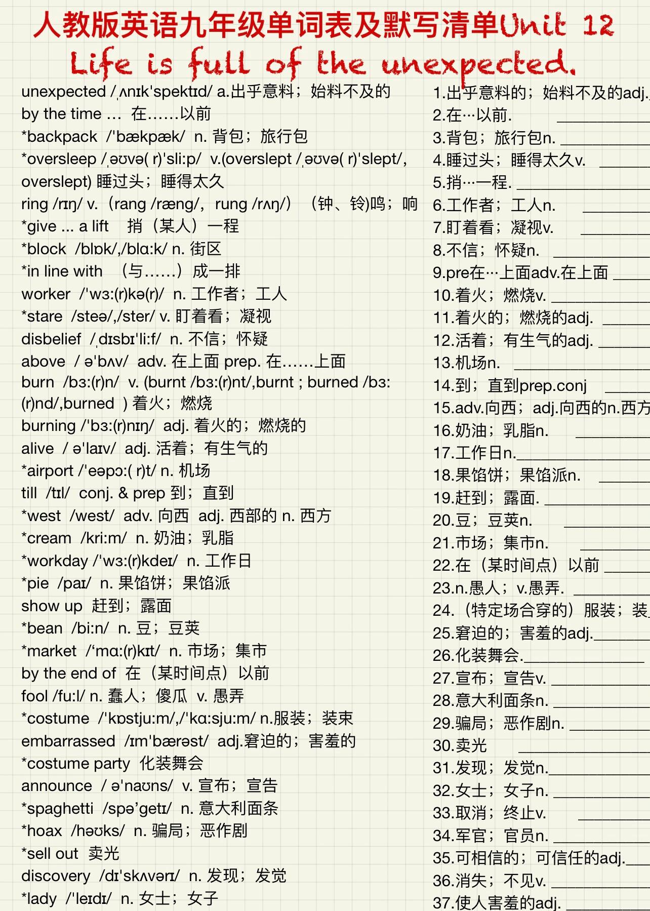 人教版九年级英语单词表电子版 十二单元