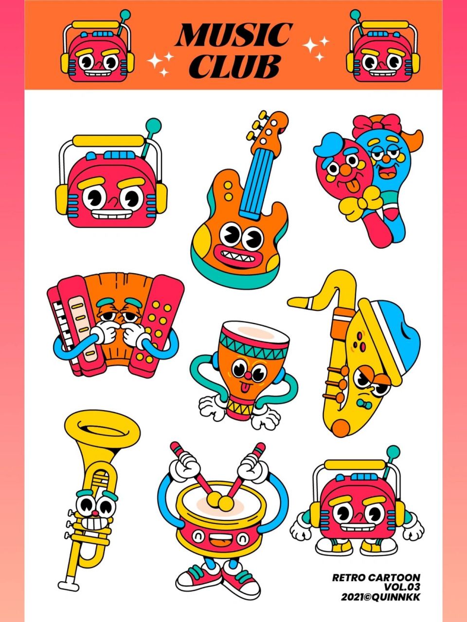 03 music club 一组可爱有趣的乐器卡通插画 软件:procreate(草稿)