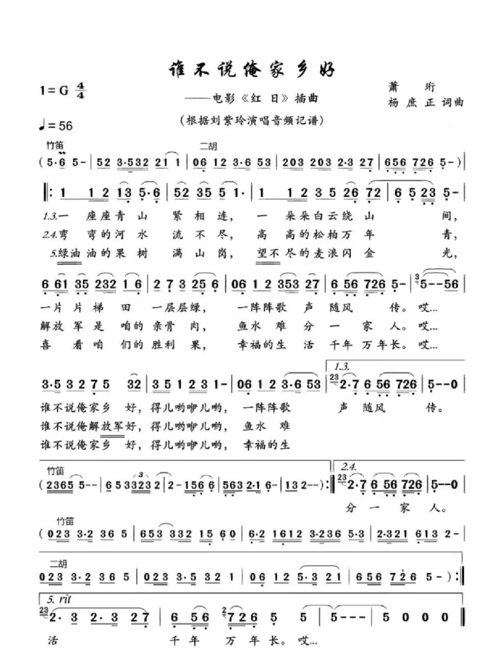 《红日》插曲《谁不说俺家乡好》简谱