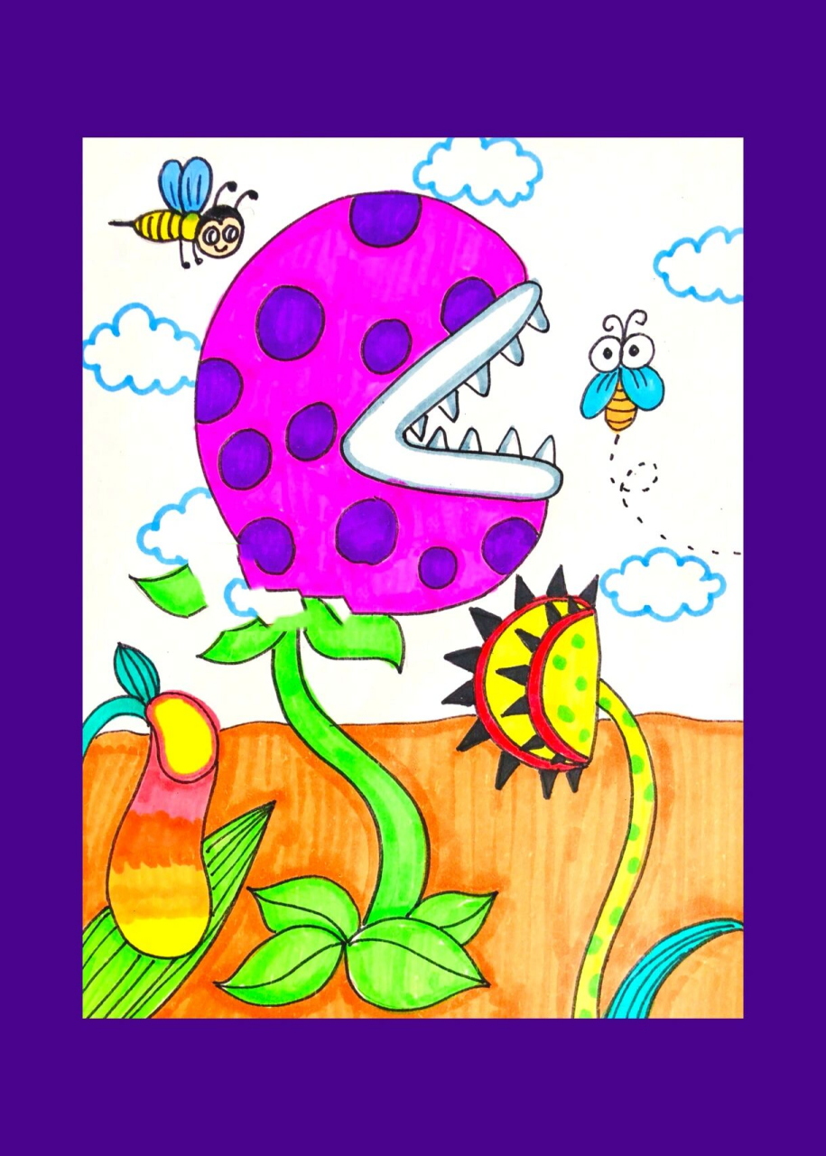 食人花61捕蝇草61猪笼草儿童画 学龄:4-6岁 材料:铅笔,橡皮,马克