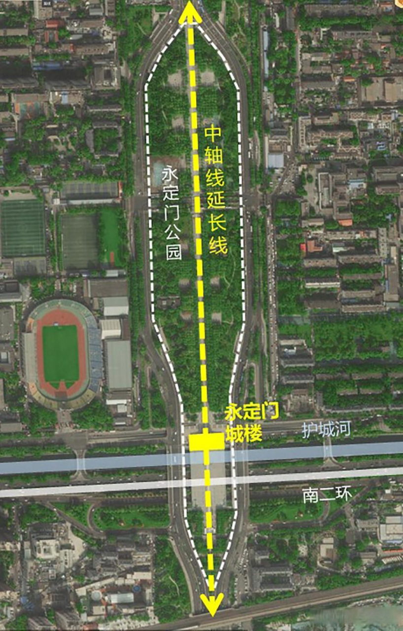 北京永定门2004年复建,现在轴线上有永定门城楼和公园,它们被两条很宽