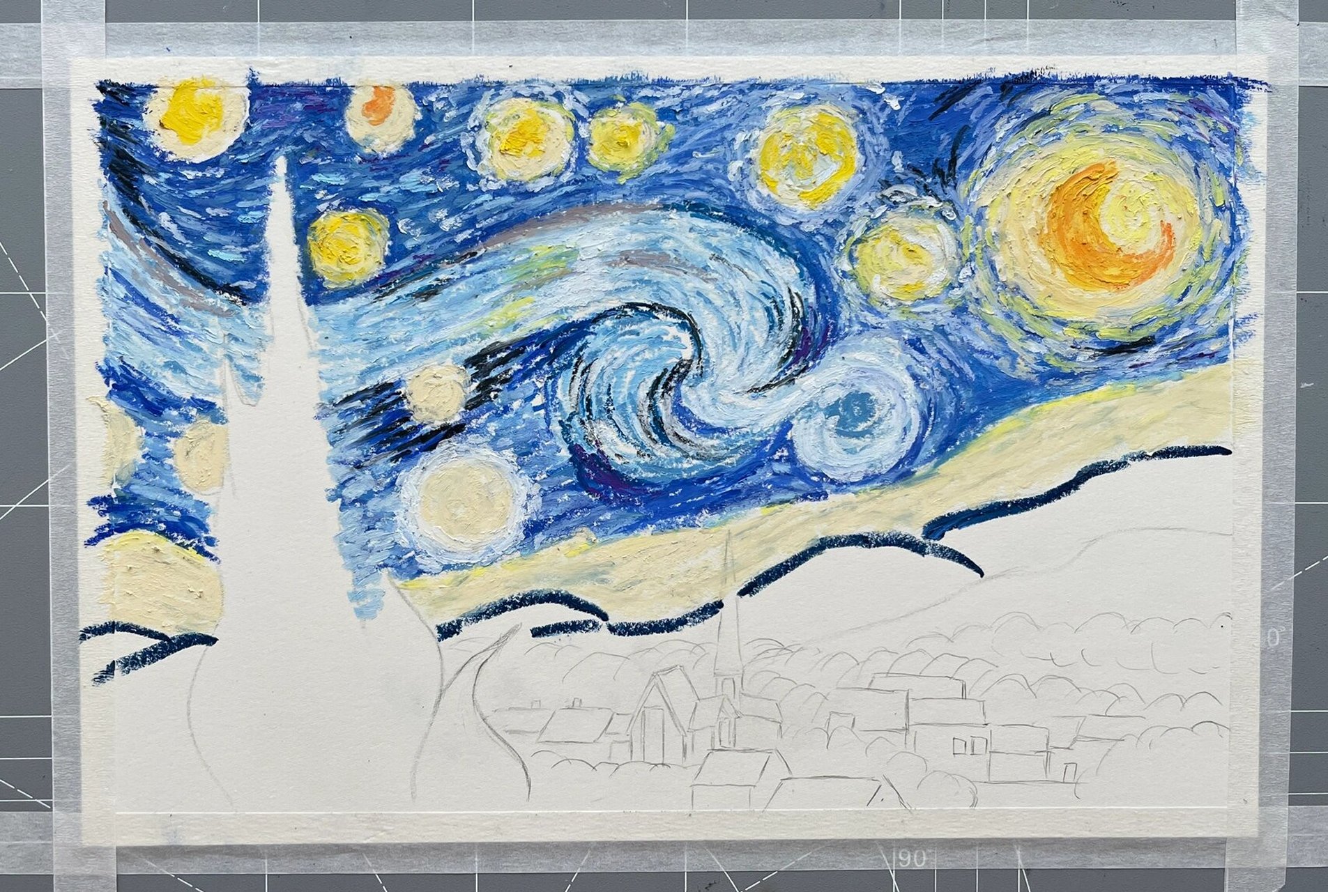 油画棒·梵高星空starry night附过程 临摹来自梵高 	 过程拍了3张图