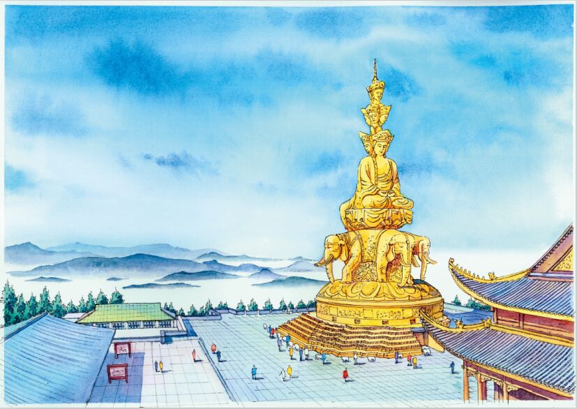 【手绘插画】乐山大佛与峨眉山金顶