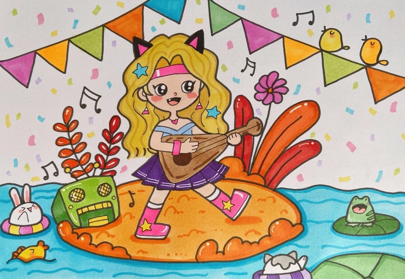 摇滚女孩儿童画简笔画乐器舞台小岛植物唱歌