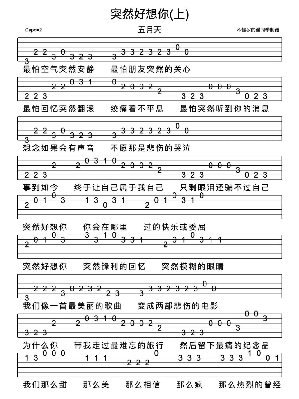 五月天《突然好想你》新手指弹吉他谱      	 《突然好想你》收录在