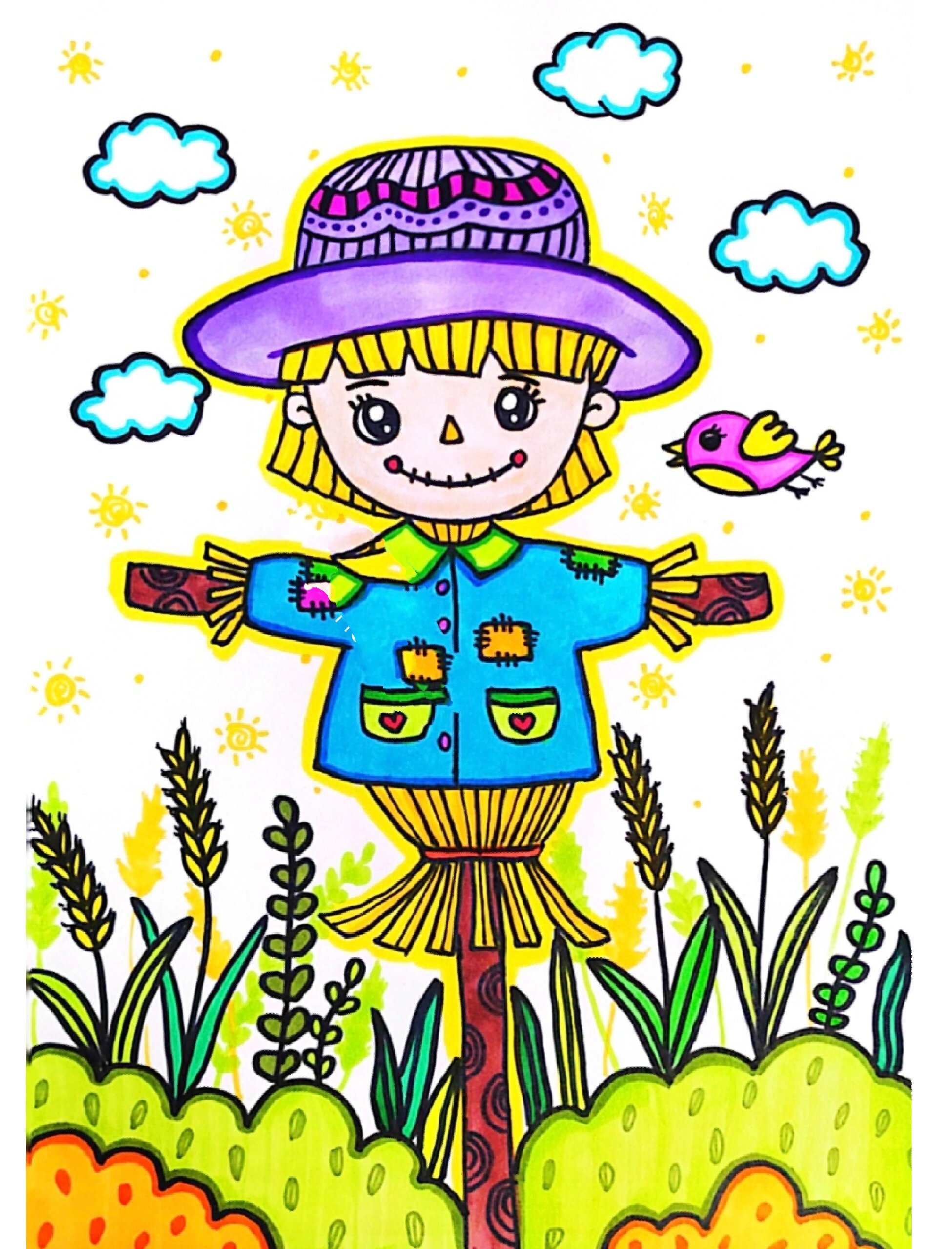 儿童画–麦田里的稻草人