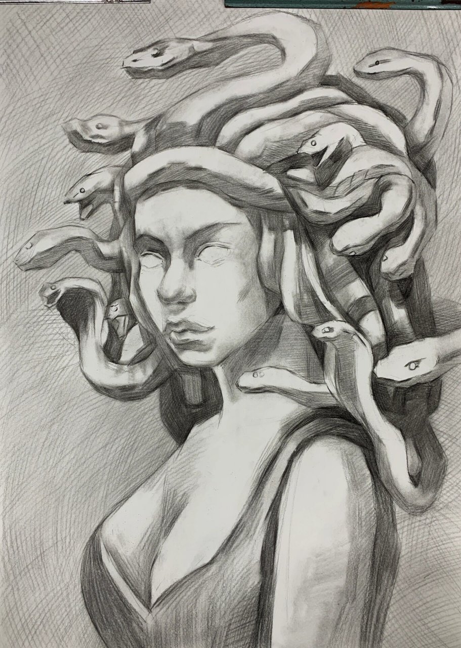 素描美杜莎 临摹了这位小哥哥的画～ 	 图2是原作者的作品～我把背景