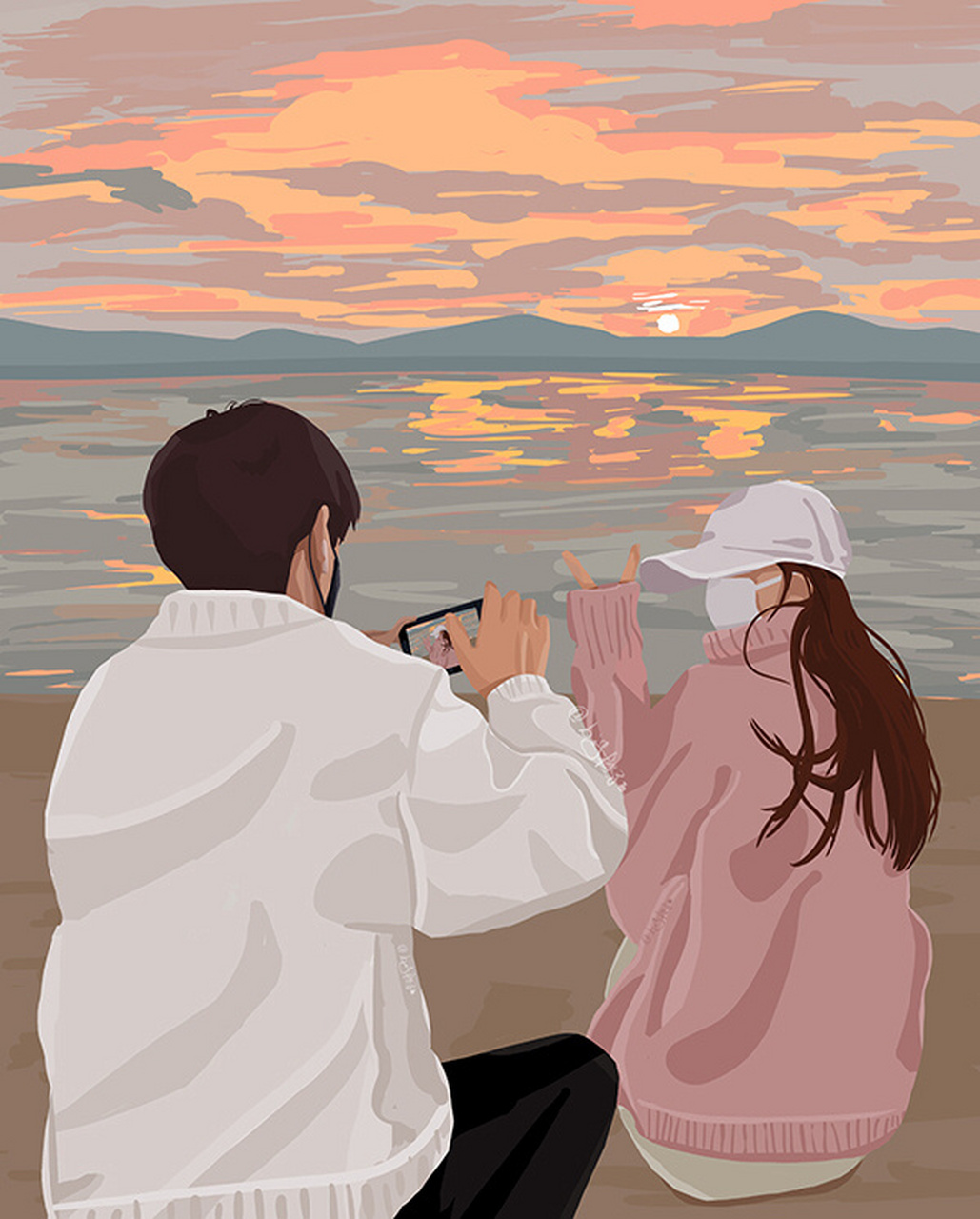 原创插画|ins扁平风插画拍照情侣头像 想给你拍很多照片, 想和你一起