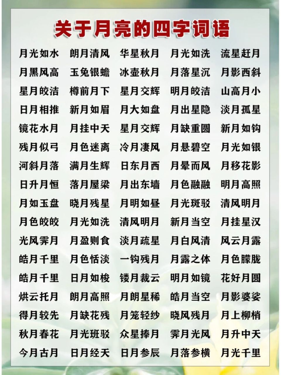 收集整理了关于月亮的词语 有的是写月亮93本身 有的虽有月字 却不