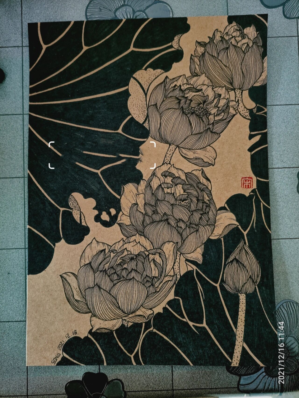 画100张黑白装饰画(69/100)荷花 半原创荷花   底稿借鉴工笔白描荷花