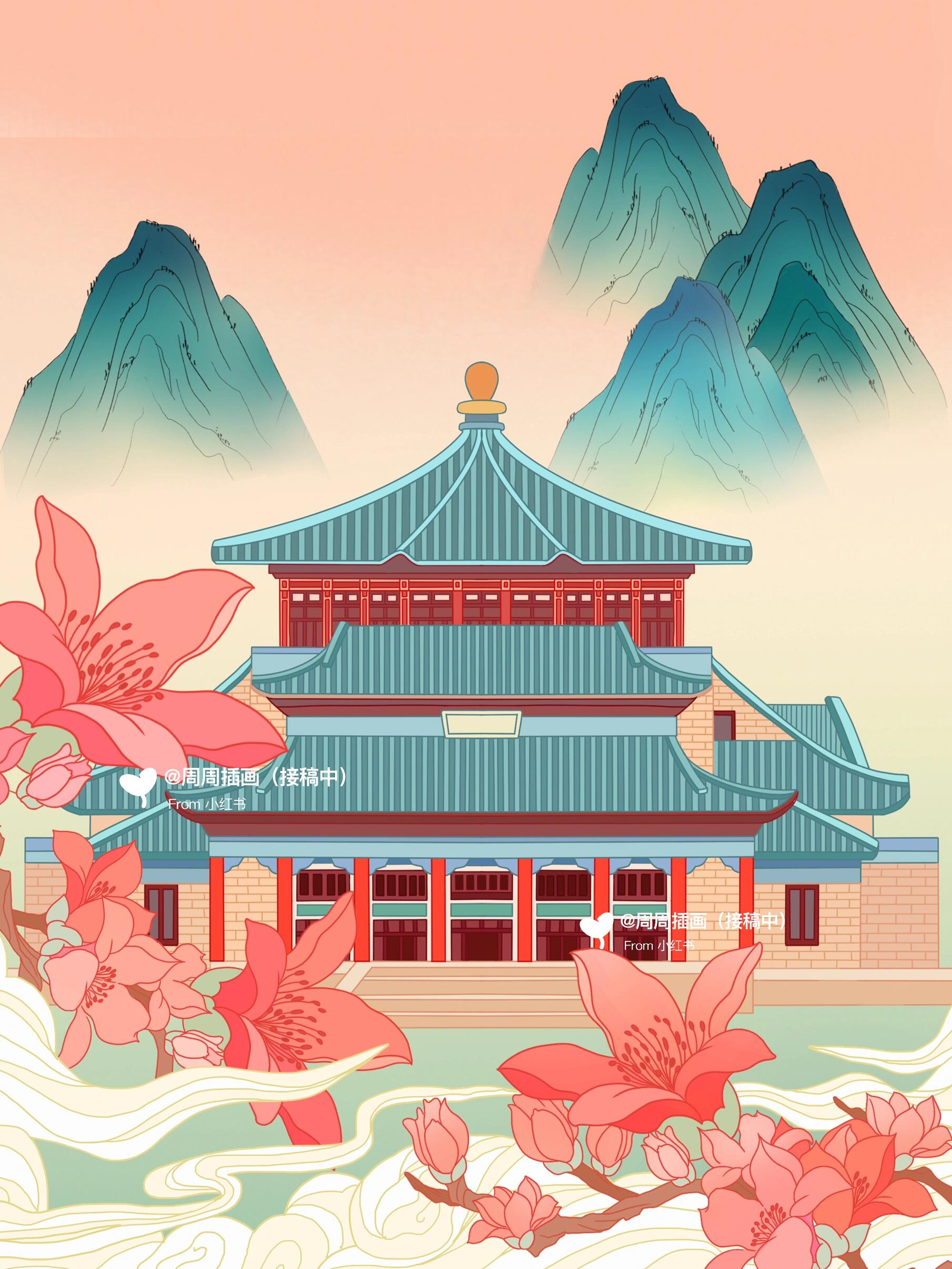 国潮插画步骤图|古建筑海报教程