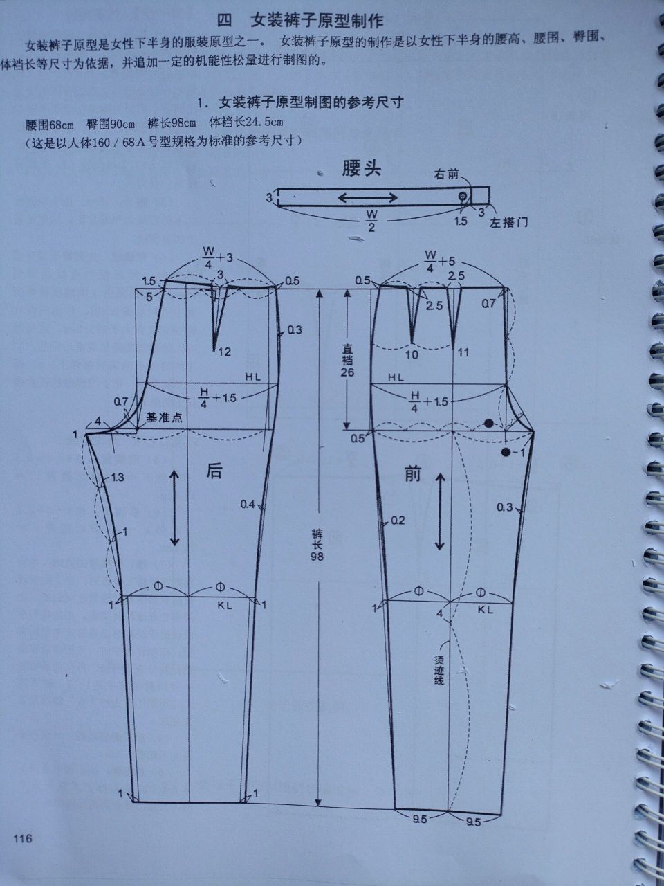 女装裤子原型制作 女装裤子原型制作参考尺寸 腰围68cm臀围90cm裤长98