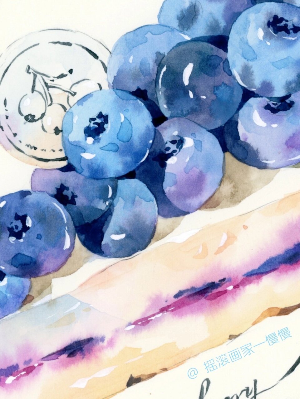 水彩手绘61[蓝色心形r]蓝莓蛋糕 有蓝莓的食物