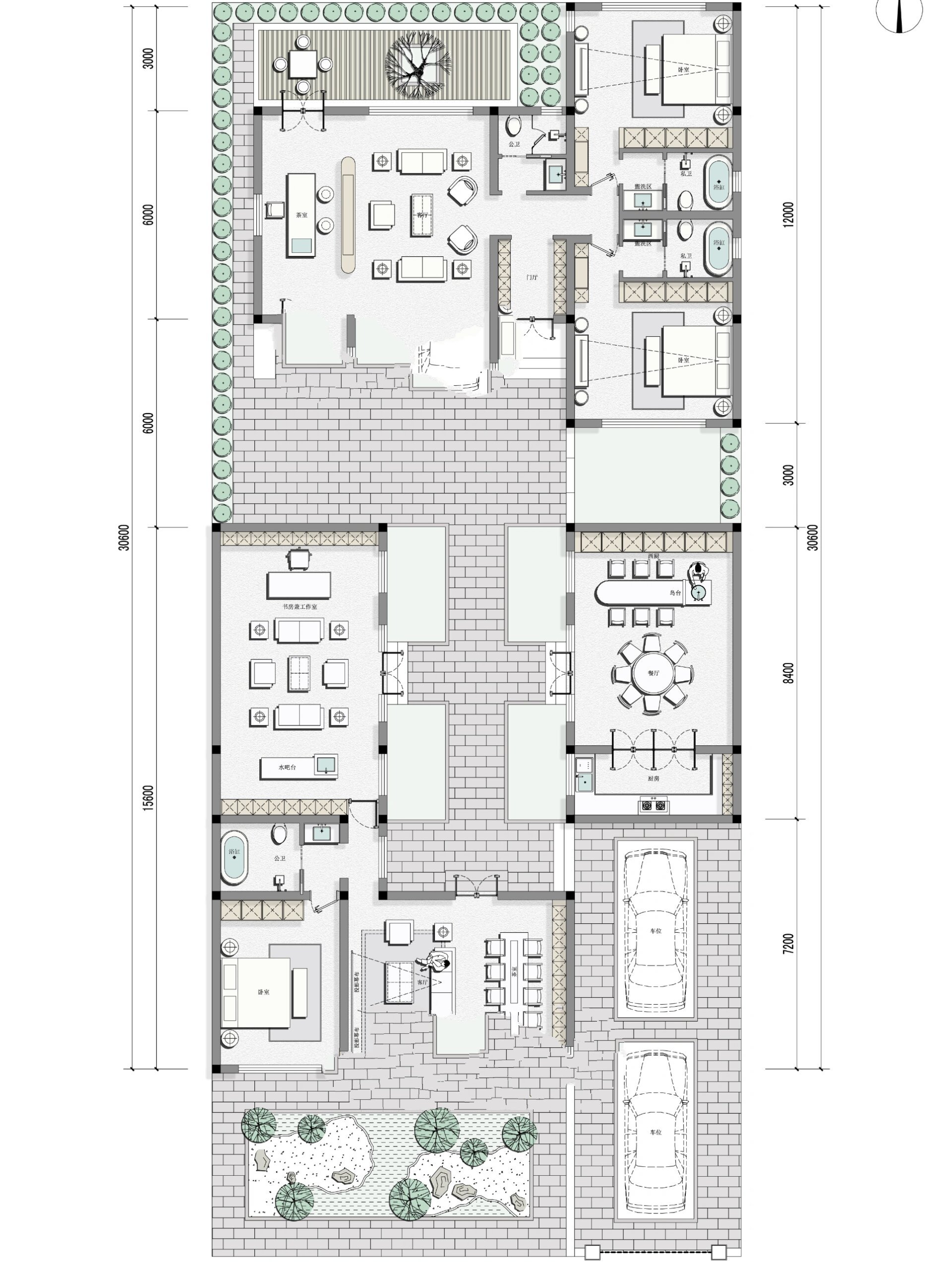 15x30米自建别墅 | 一层现代合院平面图