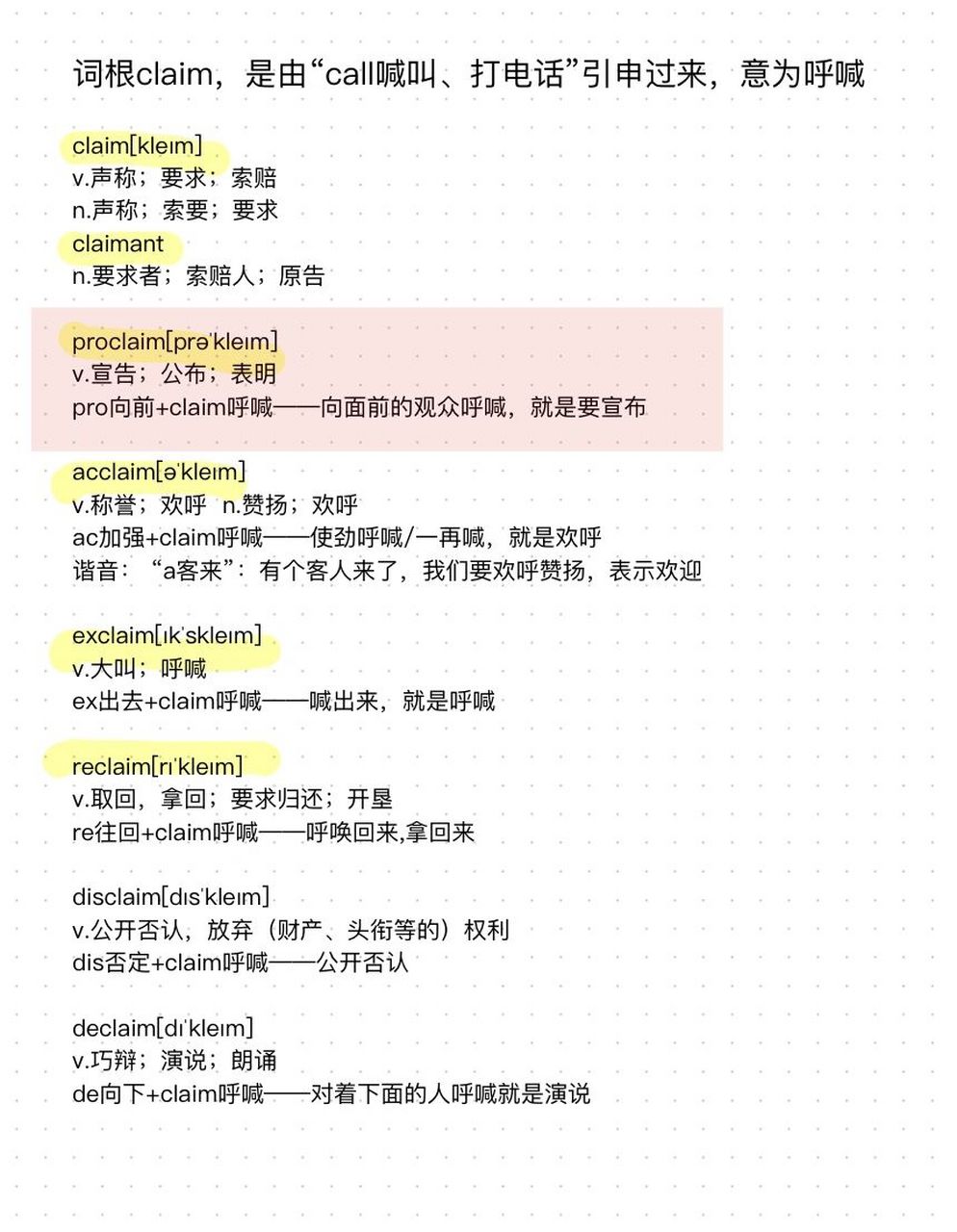 要求者;索赔人;原告 proclaim v.宣告;公