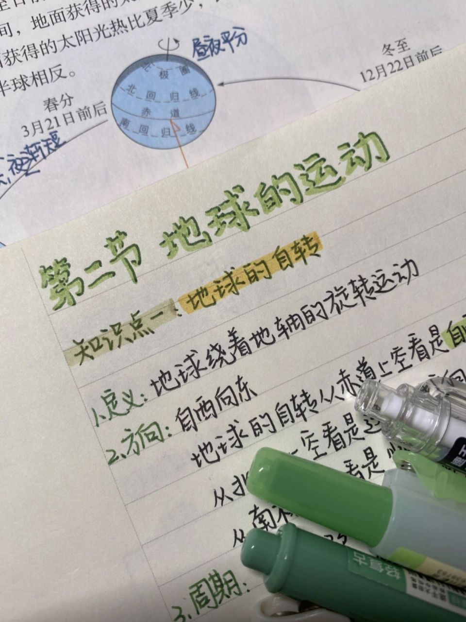 七上地理笔记|1-2地球的运动 整理笔记第二天~ 地球的自转和公转部分