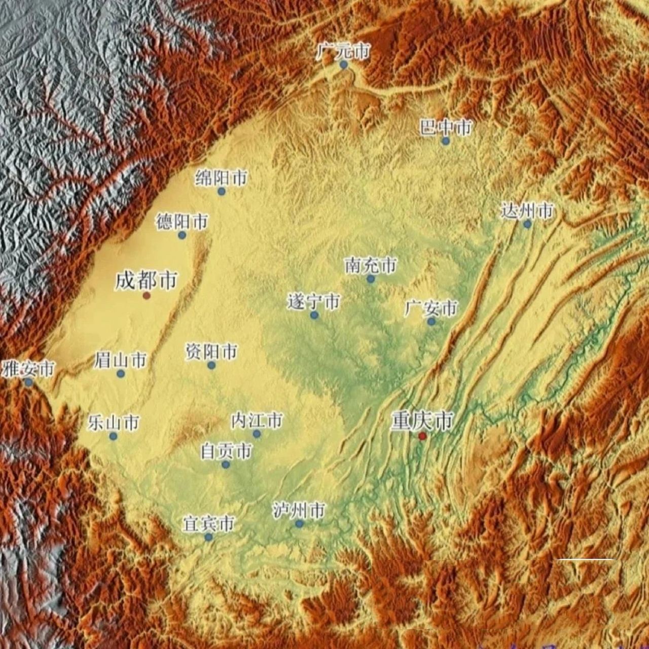 四川盆地 四川盆地是中國四大盆地之一,位於四川省內紫色盆地,總面積