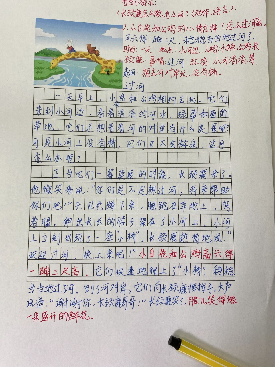 看图写话《过河》 抓住四要素,把事情都起因,经过,结果写好来
