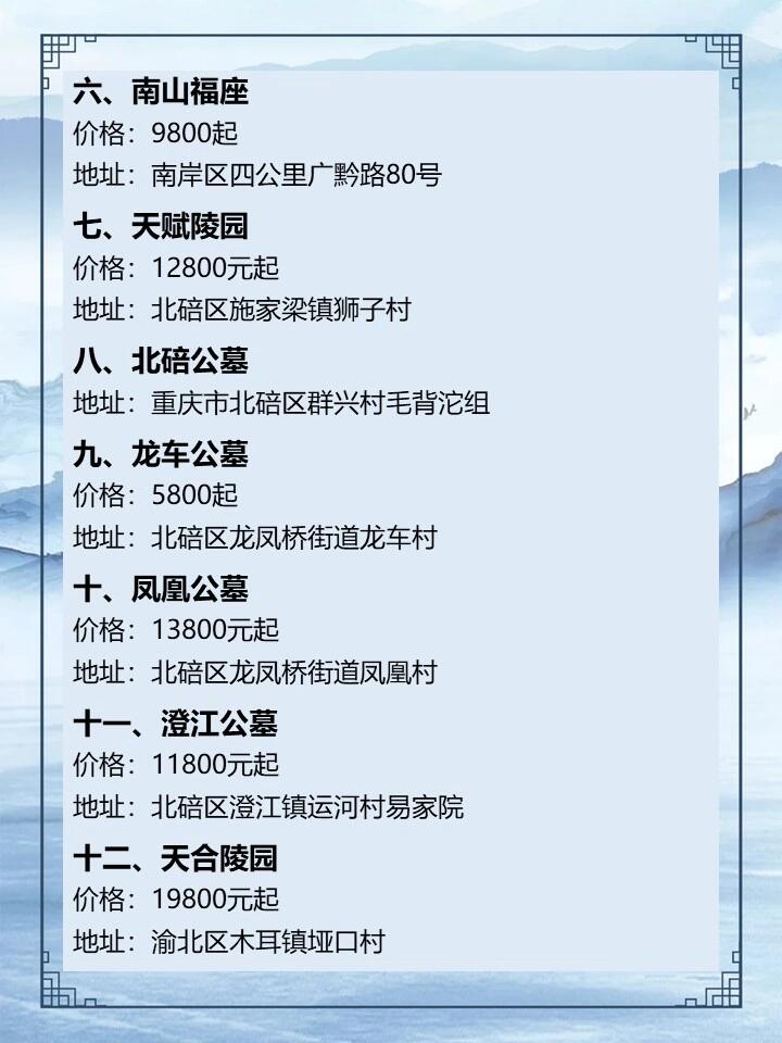 二,九龙陵园价格:10000元起 三,寺坪陵园价格:2280元起 四,涂山公墓