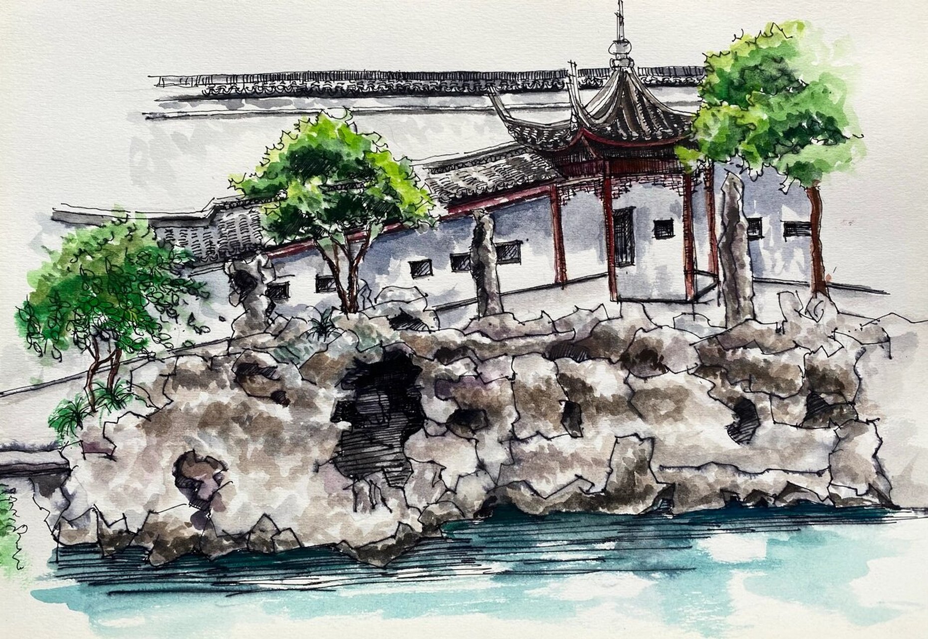 手绘苏州园林 手绘园林,拙政园,狮子林,藕园