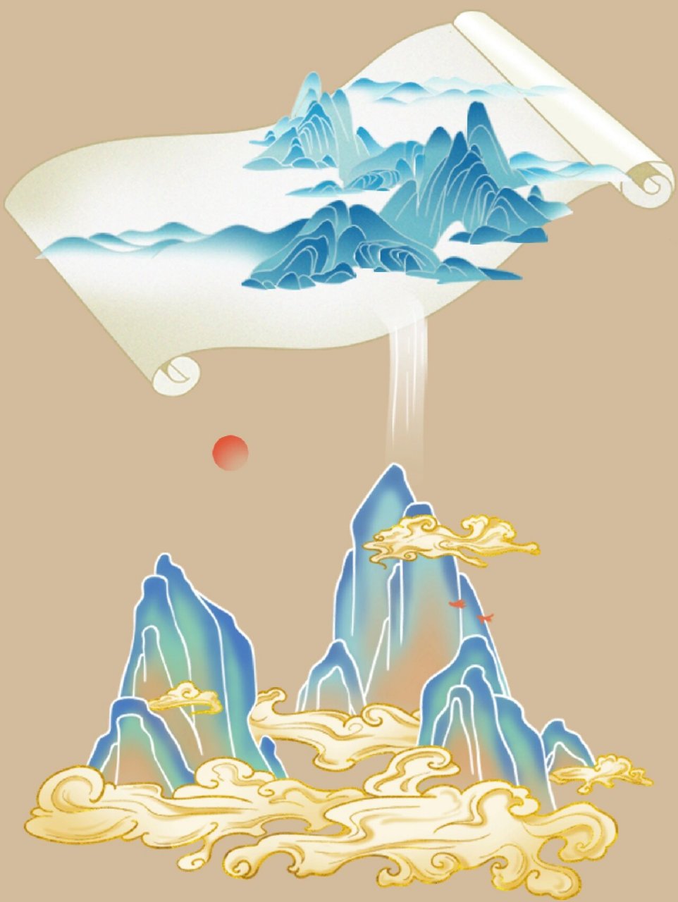 100佳款中国风山水祥云插画元素psd素材国潮 山水美如画,共赏风景色.