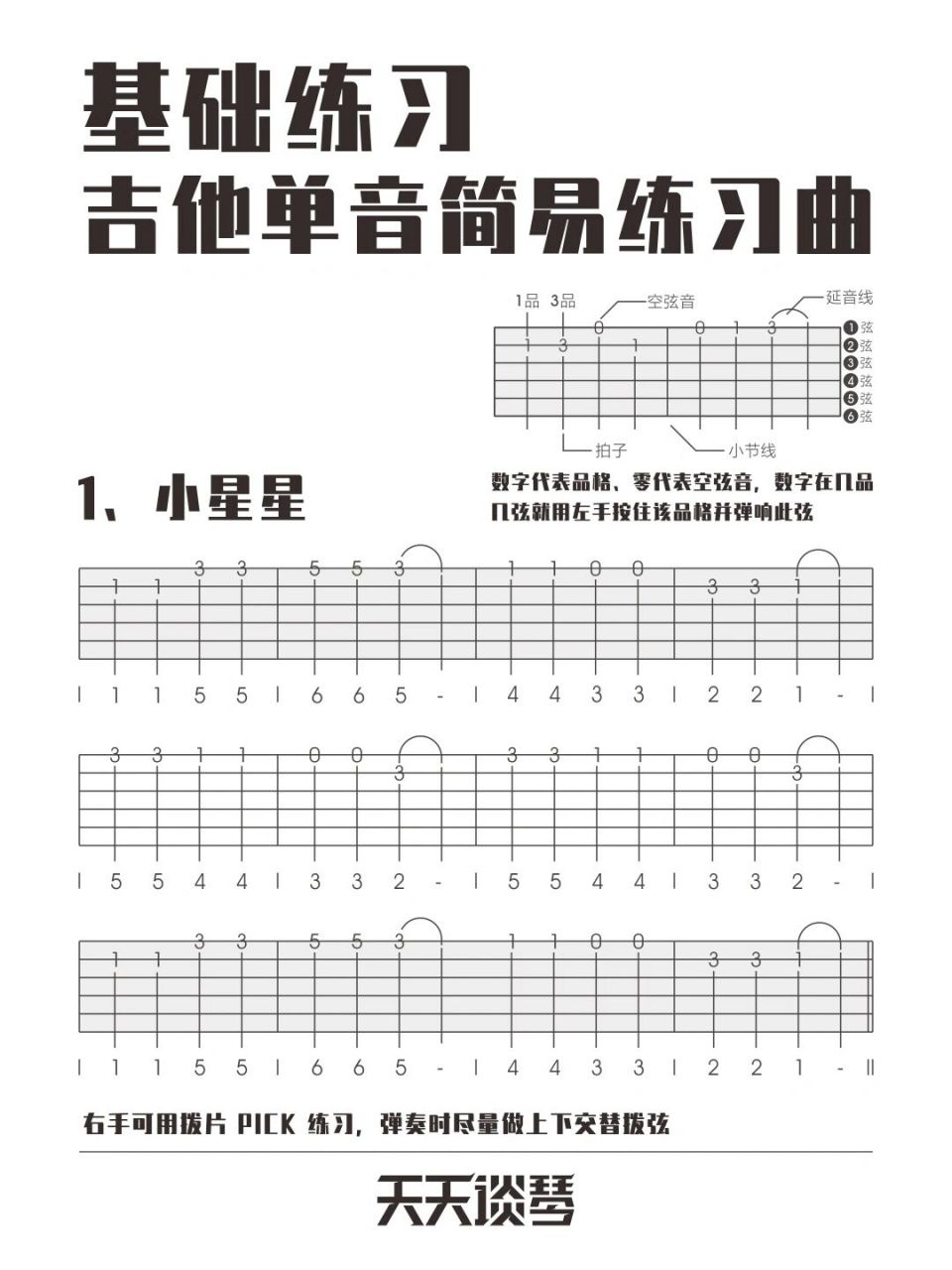 练习的第一首"吉他单音练习曲"我想都应该是"小星星"吧,不光是简单