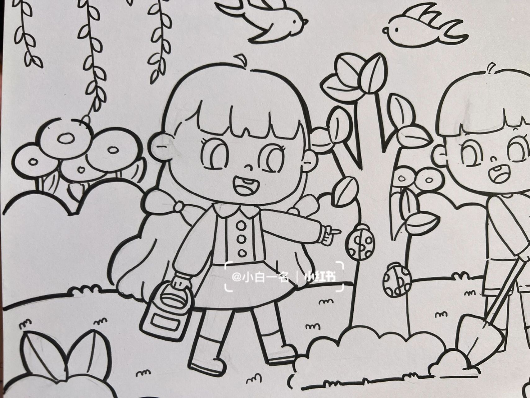 教师招聘简笔画《植树节》《郊游》 春天的主题画 适用于很多场景