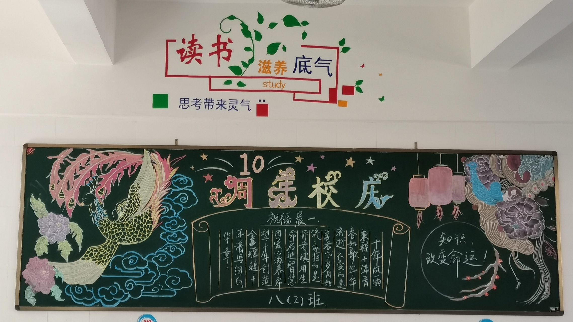 校庆主题黑板报 主题:10周年校庆 工具:彩色粉笔 图片参考网图