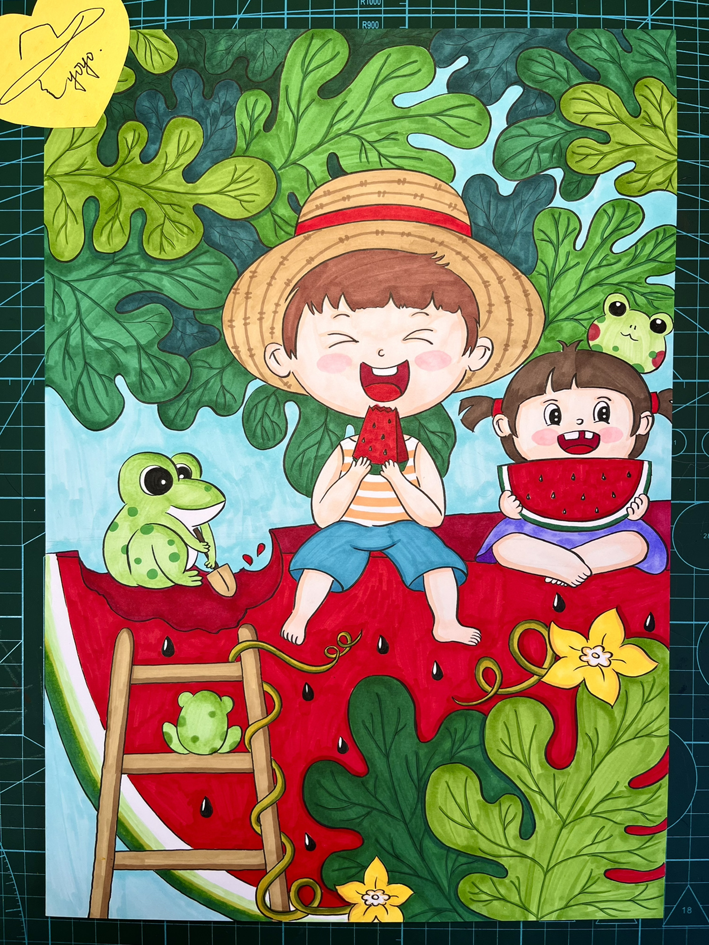 夏天吃西瓜清凉一夏手绘儿童画