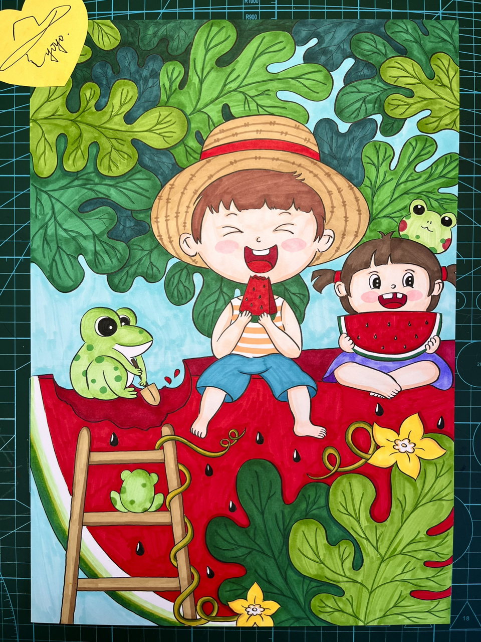 夏天吃西瓜清凉一夏手绘儿童画