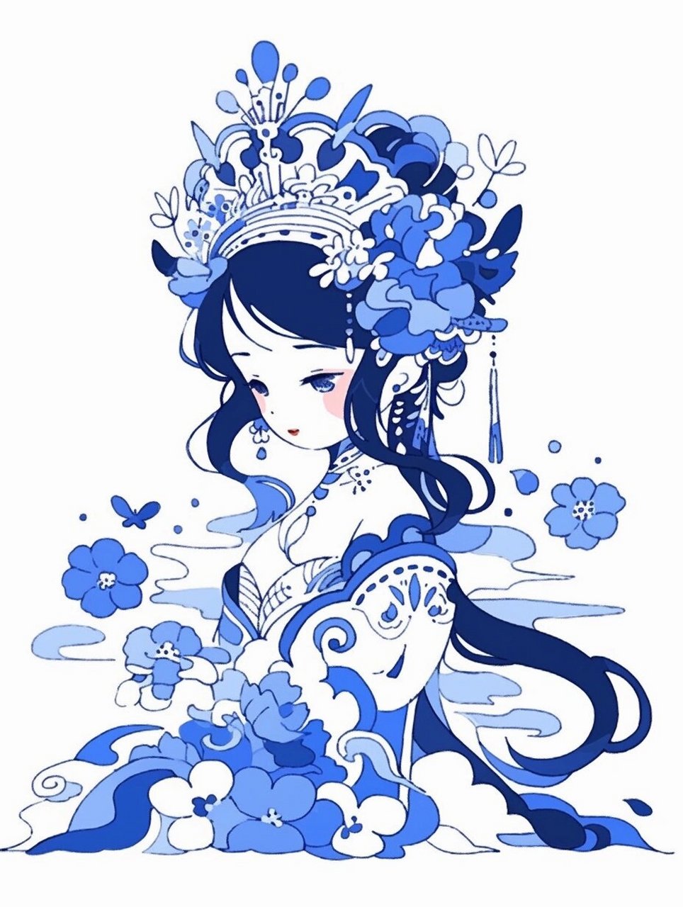 q版古风美人·青花瓷风简笔画  夏日滤镜