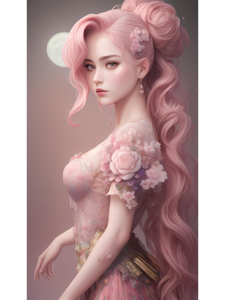 粉红长发优雅侧身女孩,动漫二次元绘画人物