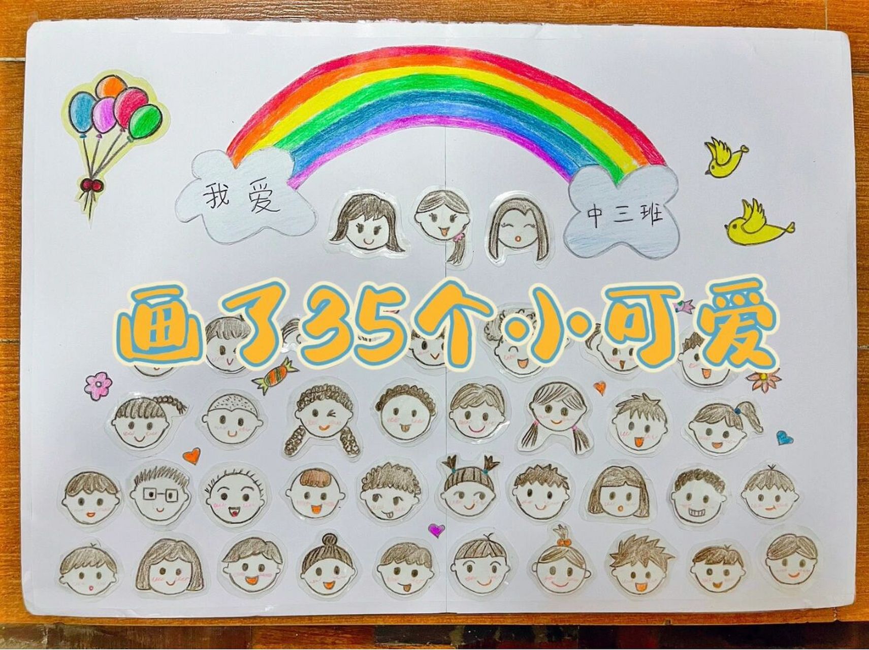 q版班级大合照:35个小可爱 3个老师 昨晚临时做的手工画作业,q版班级