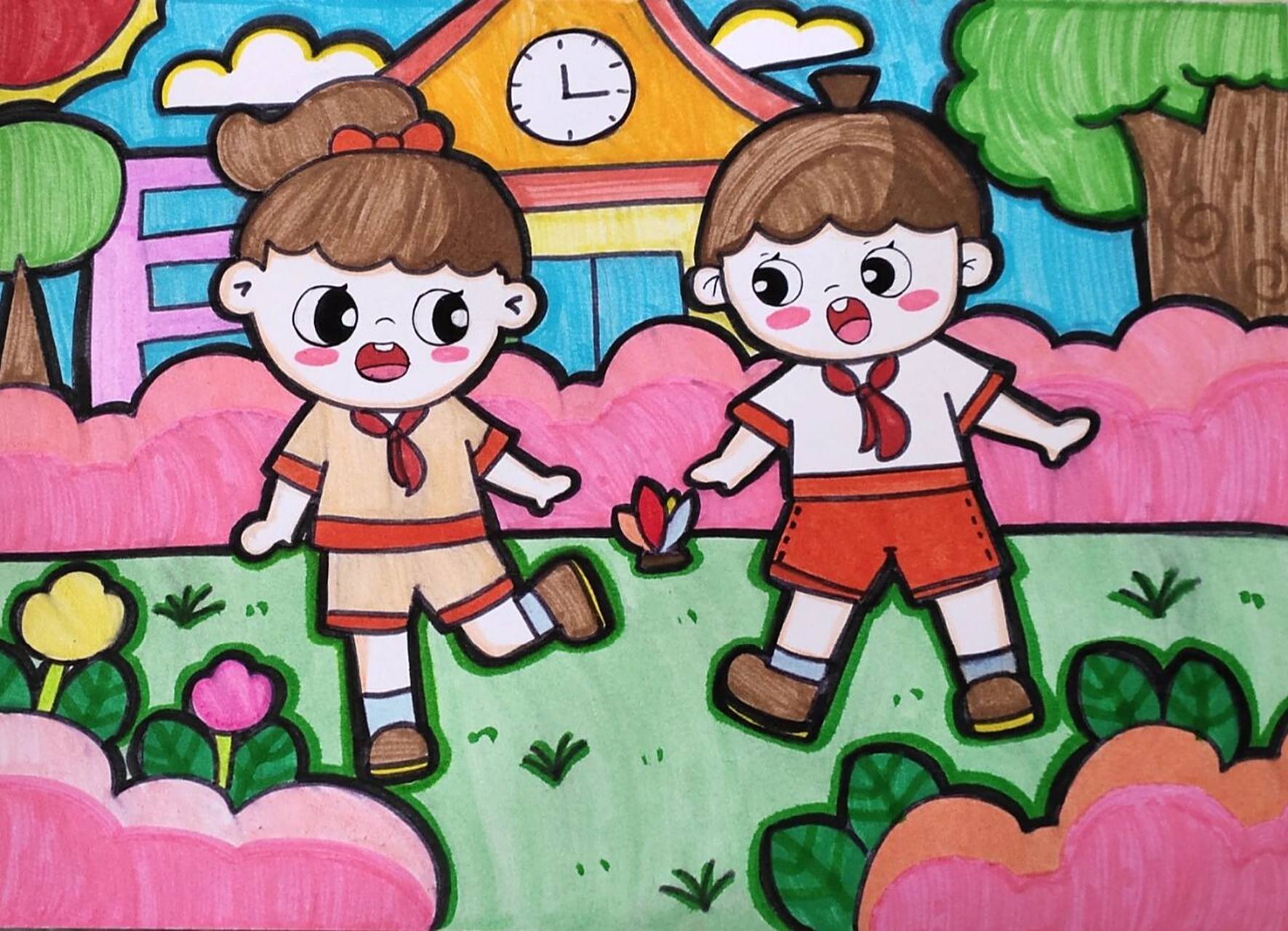 《踢毽子》儿童主题画 临摹