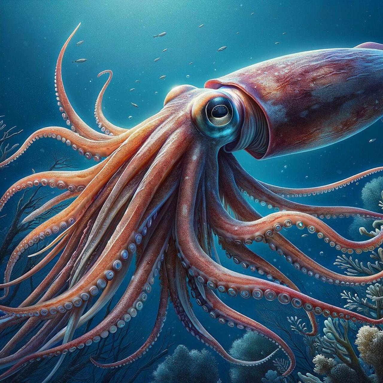 大王乌贼 大王乌贼是一种令人着迷的深海生物,以其巨大的体型和强大的