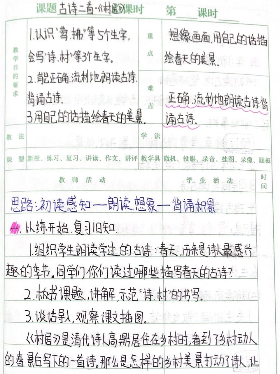 二下语文《村居》备课教案77板书设计