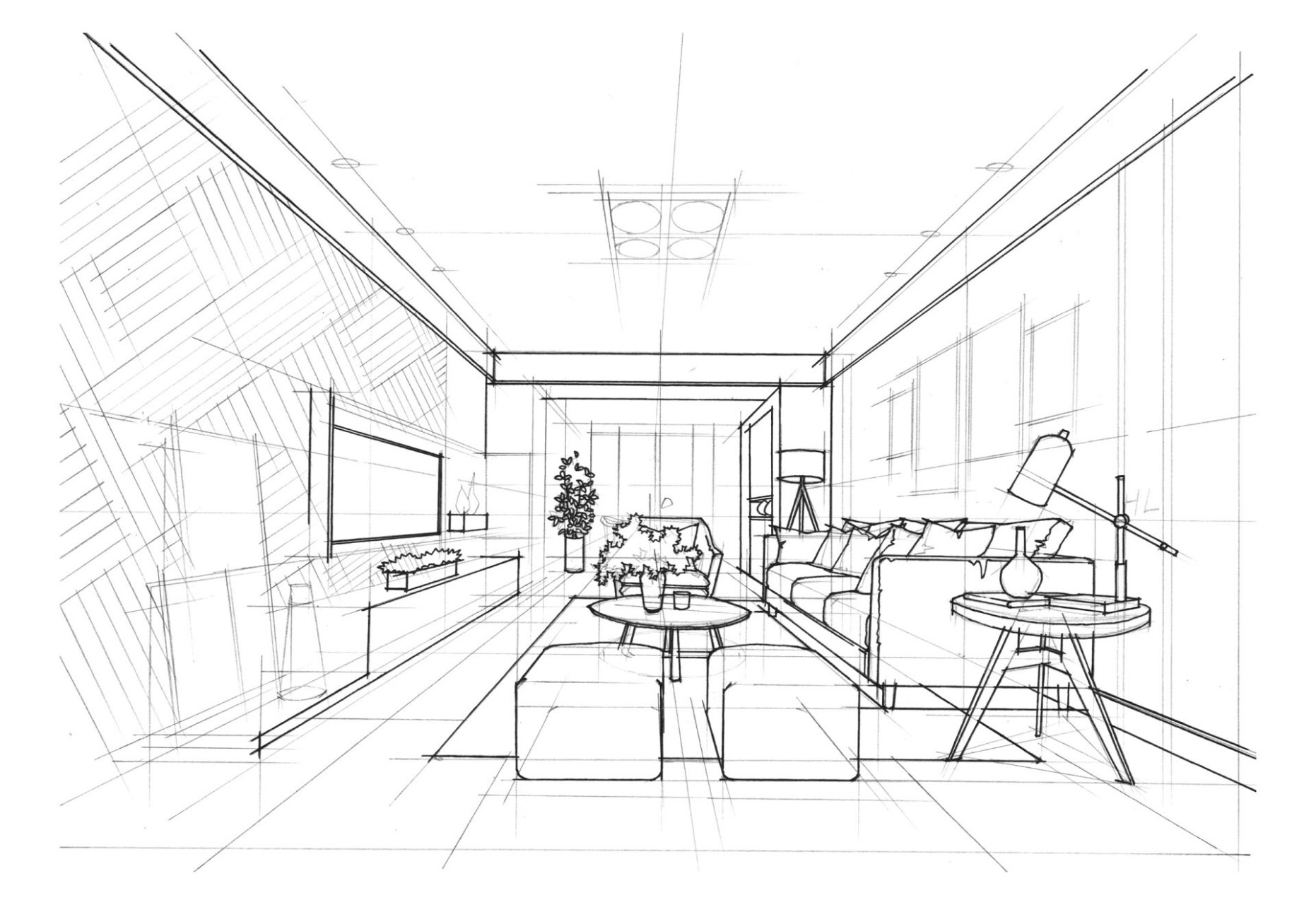 室内设计手绘,原创手绘——客厅线稿写生步骤图.