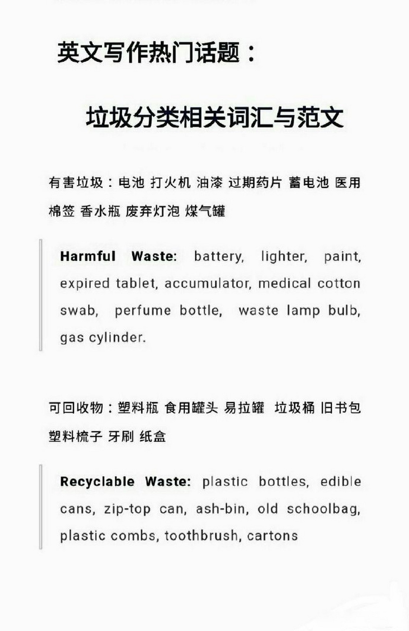 垃圾分类相关词汇及范文,雅思预测教育四六级考研英语写作必背