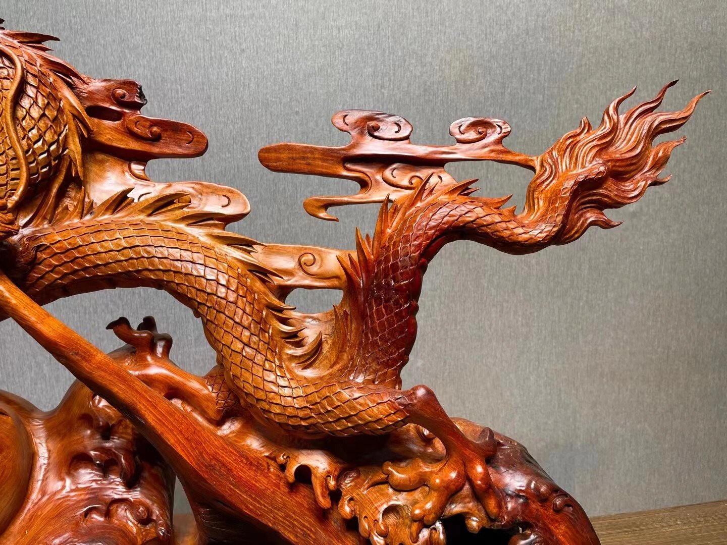 木雕龙根雕工艺品摆件 老挝花梨木,【单龙戏珠】立体镂空,工艺精细