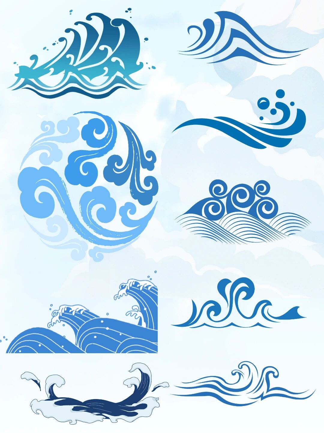 素材|国潮卡通手绘海浪波纹免抠元素png|🌊